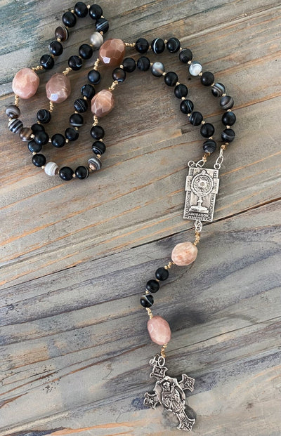 Moonstone & Brown Striped Black Onyx - St. Francis & Sacred Heart of Jesus & Eucharist - Brother Wolf USA